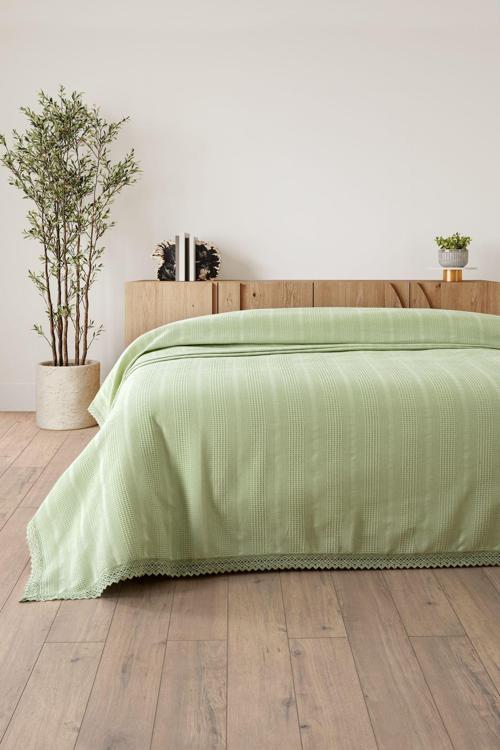 %100 Pamuk Kopanaki Dantelli Çift Kişilik Waffle Pike-210x230 cm-Fıstık Yeşili Petek Pike