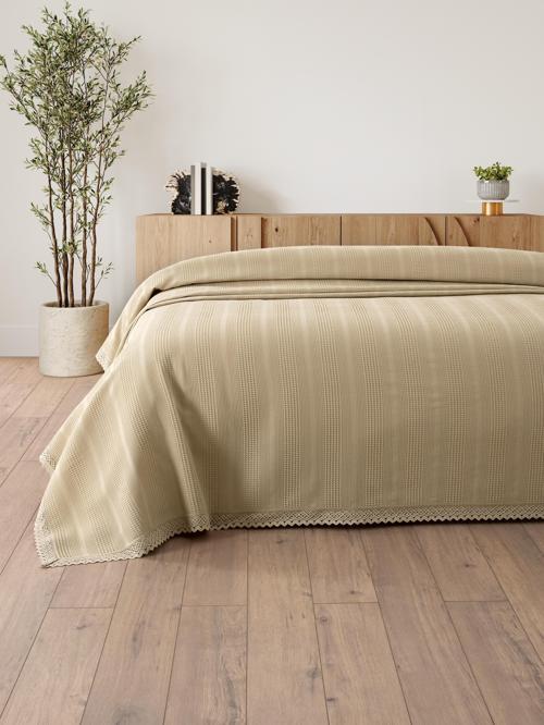  Çift Kişilik %100 Pamuk Kopanaki Dantelli Waffle Pike-210x230 cm-Petek Pike Bej