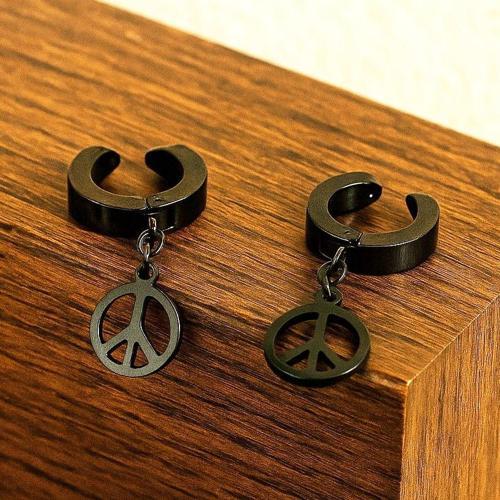 Barış Sembolü Şekilli Unisex Deliksiz Kulaklara Sıkıştırmalı Siyah Çelik Küpe