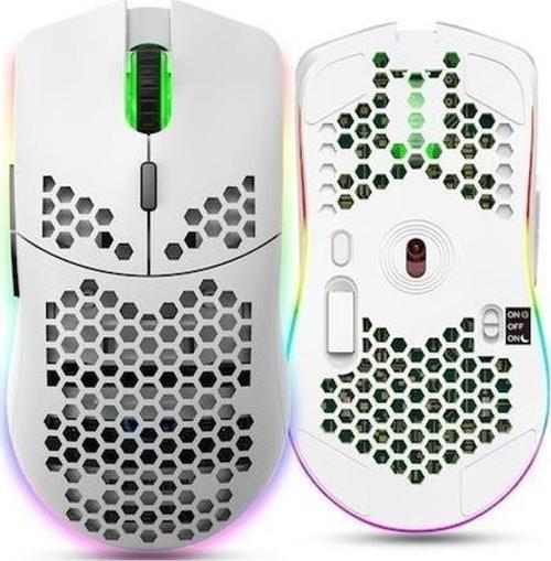 Kablosuz Petek Tasarım Şarjlı Gaming Mouse – RGB Aydınlatmalı 3200 DPI Ultra Hafif Beyaz