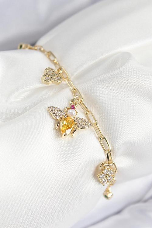 Pirinç Zirkon Taşlı Arı Model Gold Renk Kadın Bileklik
