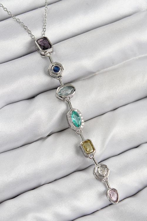 Pirinç Renkli Zirkon Taşlı Model Gümüş Renk Kadın Y Kolye