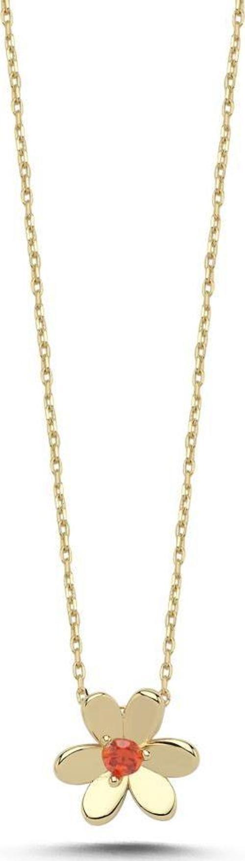 14 Ayar Turuncu Taşlı Çiçek Tasarım Altın Kolye