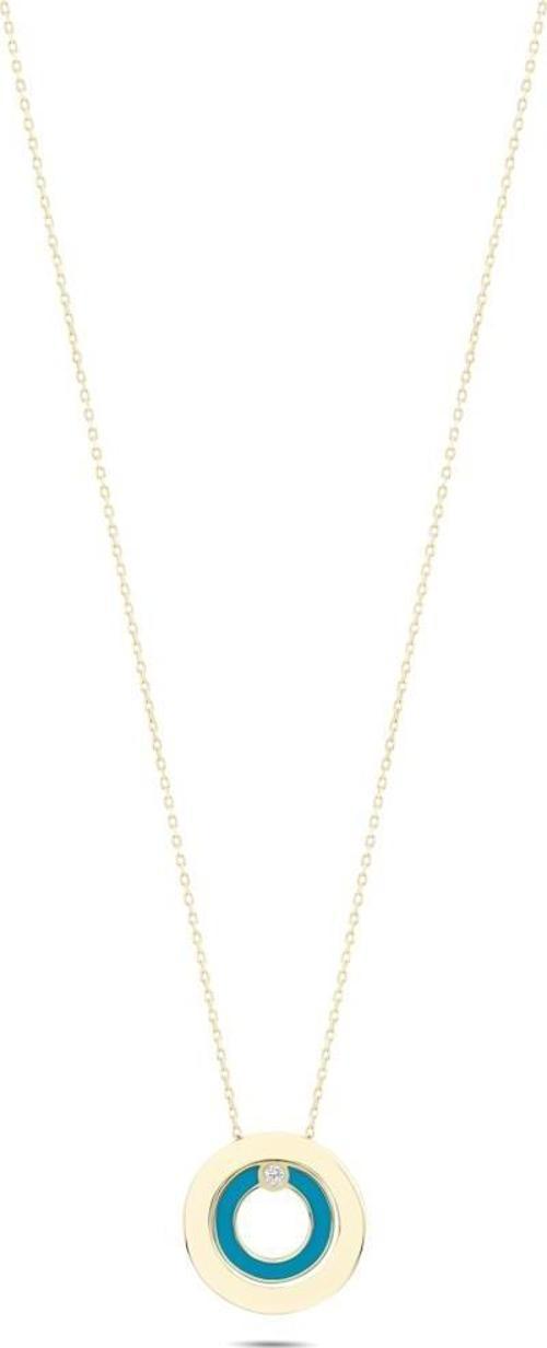 14 Ayar Mavi Mineli Yuvarlak Altın Kolye