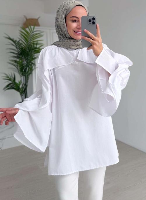 Fırfır Detay Gömlek - Beyaz