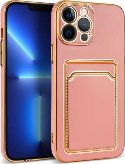 Iphone 13 Pro Max Ile Uyumlu Dikişli Kartlıklı Serta Silikon Kılıf Rosegold