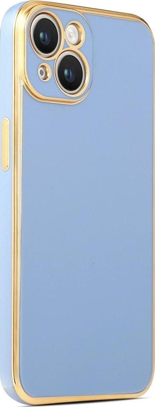 Iphone 14 Plus Ile Uyumlu Kılıf Gold Kenar Pastel Renkli Halcyon Z-bark Kapak Mavi