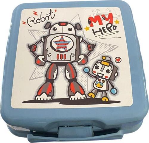 Beslenme Kutusu 4 Bölmeli Robot Buz Mavisi Renk Erkek Figürlü 1 Adet Yemek Saklama Kabı Beslenme Çantası