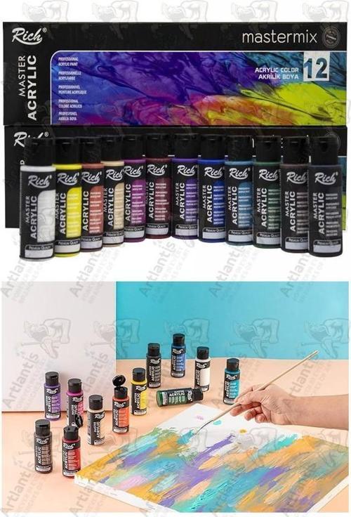 Rich Mastermix Akrilik Boya 12 Renk 60 ml 1 Paket Canlı Renkler Akrilik Boya 12 li Profesyonel Tuval Canvas Boyası