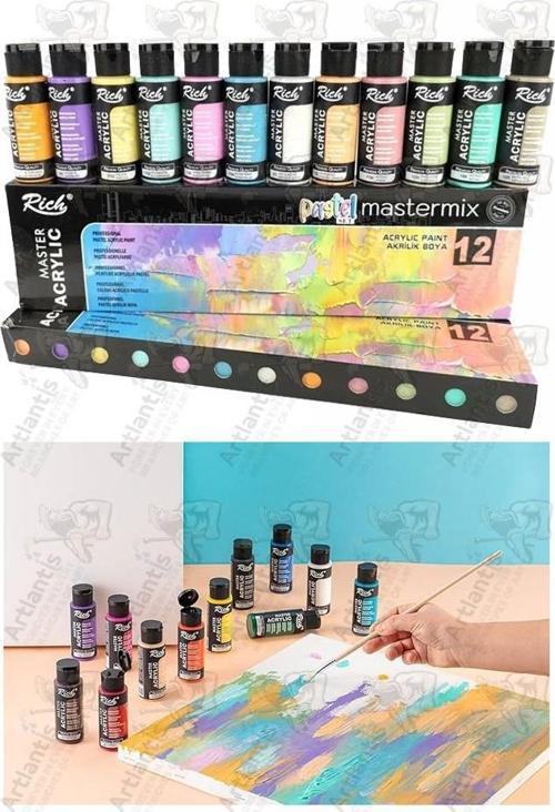 Rich Mastermix Akrilik Boya 12 Renk 60 ml 1 Paket Pastel Renkler Akrilik Boya 12 li Profesyonel Tuval Canvas Boyası