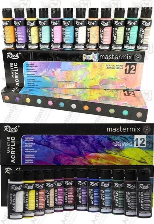 Rich Mastermix Akrilik Boya 24 Renk 60 ml 1 Paket Canlı ve Pastel Renkler Akrilik Boya 24 lü Profesyonel Tuval Canvas