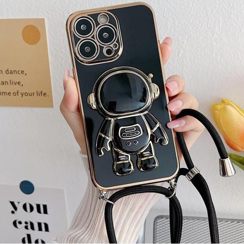 iPhone 14 Pro ile Uyumlu Ipli Boyun Askılı Astronot Figürlü Silikon Kılıf Pastel Renkli Kılıf