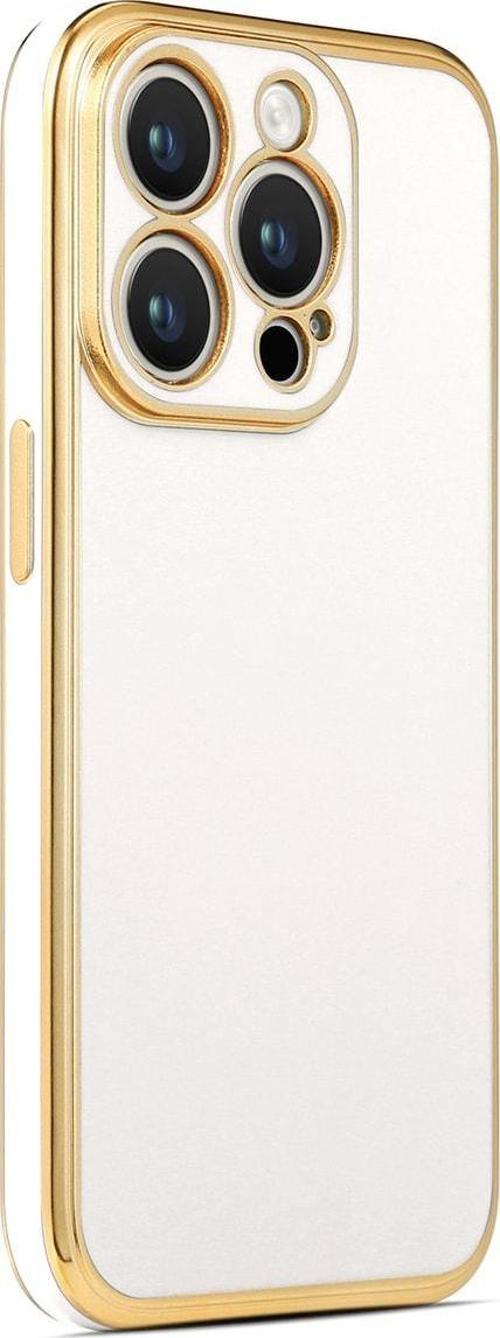 Iphone 14 Pro Ile Uyumlu Kılıf Gold Kenar Pastel Renkli Halcyon Z-bark Kapak Beyaz