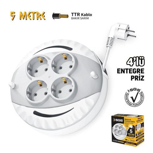 Saklı Kablolu Makaralı Uzatma Kablosu 3x1 - 4 Priz - 5 mt.