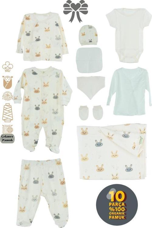 Erkek Bebek Yeni Doğan 10 Lu Zıbın Seti 0-3 Aylık %100 Organik Pamuk Yumuşak TEBGB50KREM03