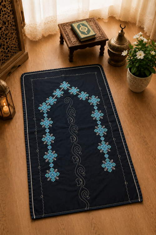 Çeyizlik Kanaviçe Etamin İşleme Nakışlı Siyah Seccade 70 X 120
