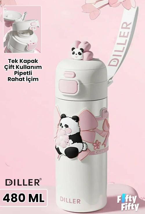 DILLER 480 ML Tek Kapak Çift Kullanım Pipetli/Pipetsiz Taşıma El Askılı Vacum Cup/Çelik Termos -FFD9317-480