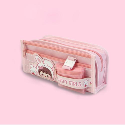 Lucky Girls Pembe Üç Gözlü Kalem Çantası (7458)