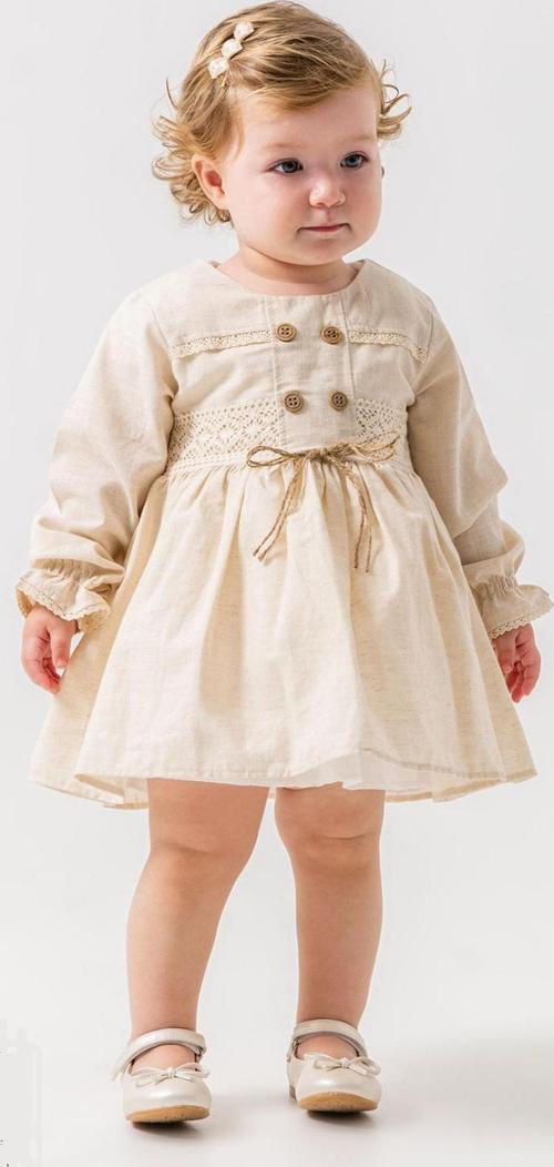 ÖN DÜĞMELİ KETEN ELBİSE Bej