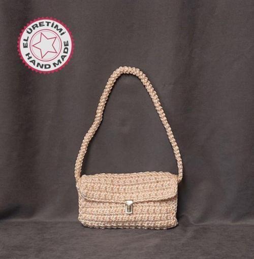 - Volkan 4975 1430 El Yapımı Bej Renk Ribon Makrome Omuz Çantası