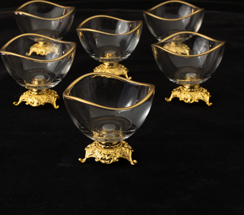 6'lı Gold Detaylı Kahve Yanı Cam Lokumluk & Sosluk | Lüks Ayaklı Sunum Seti