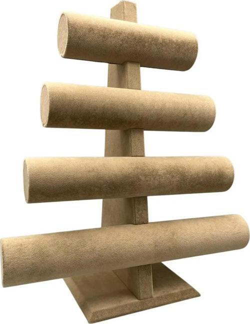 Süet Kumaş Sütlü Kahve Renk Dört Kademeli 38/34 cm Bileklik-Saat Sergileme Standı