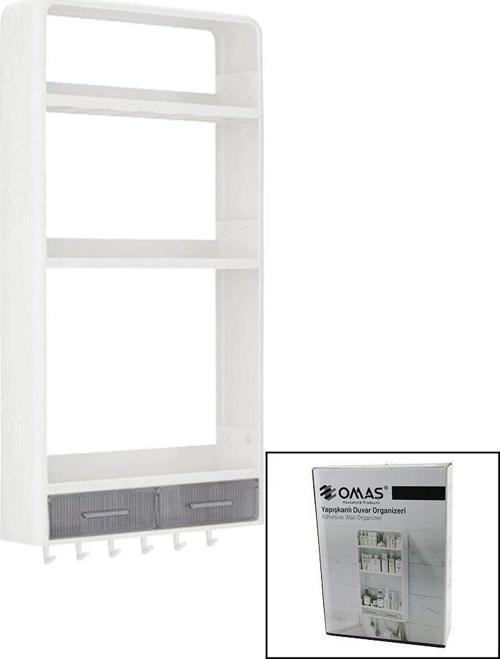 BEYAZ YAPIŞKANLI DUVAR ORGANİZERİ PLASTİK 3 RAF=14CM-19CM-30CM - 2 ÇEKMECE=40CM - 6 ASKI 19 PARÇA (5060)
