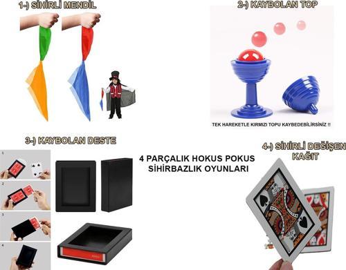 4'lü Sihirbazlık Seti – Hokus Pokus Sihirli Numara Seti-KUPA-MENDİL-DESTE-İSKAMBİL (5060)