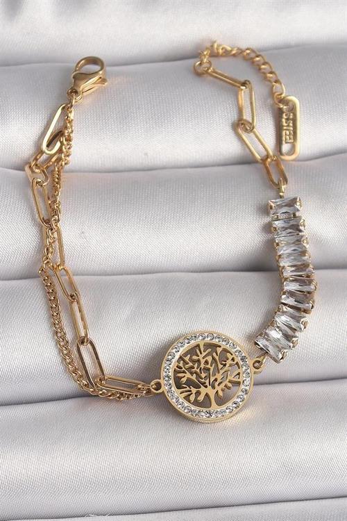 316L Çelik Gold Renk 2'Li Zincir Su Yolu Zirkon Taşlı Yaşam Ağacı Figür Kadın Bileklik