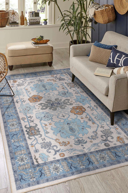 Makarska Çerçeveli Mavi Polyester Dikdörtgen Modern Desenli Pamuk Makinada Yıkanabilir Hav Toz Vermez Leke Tutmayan Kaymaz Taban Dijital Makine Baskı Salon Yolluk Mutfak Halı