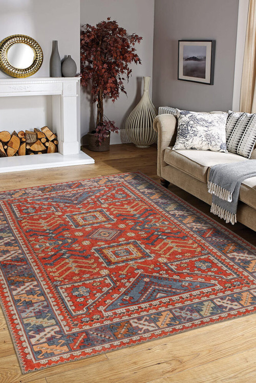 Romans Eskitme Kırmızı Polyester Dikdörtgen Pamuk Makinada Yıkanabilir Kaymaz Taban Dijital Makine Baskı Salon Halı-I-Artl-FL58-75x150-Dikdörtgen
