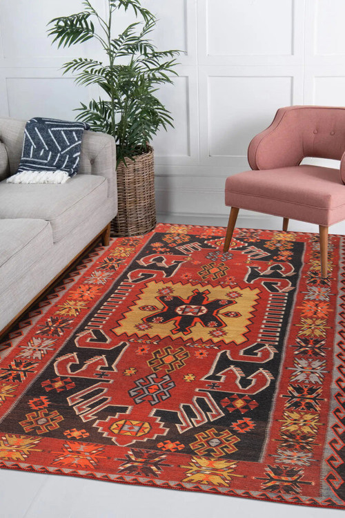 Gamboa Klasik Kırmızı Polyester Dikdörtgen Modern Desenli Pamuk Makinada Yıkanabilir Hav Toz Vermez Leke Tutmayan Kaymaz Taban Dijital Makine Baskı Salon Yolluk Mutfak Halı