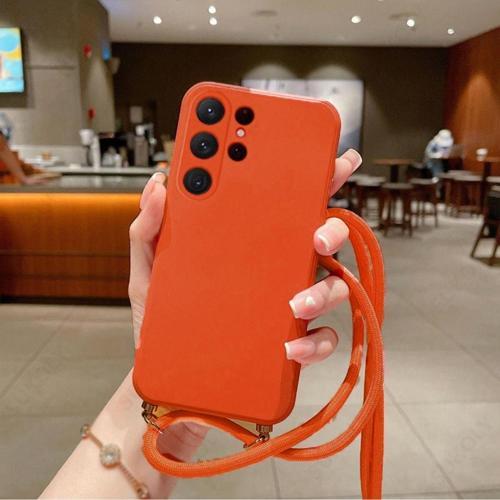 Galaxy M22 Ile Uyumlu Ipli Boyun Askılı Silikon Kılıf Kadife Iç Yüzeyli Epiphany Kılıf Turuncu