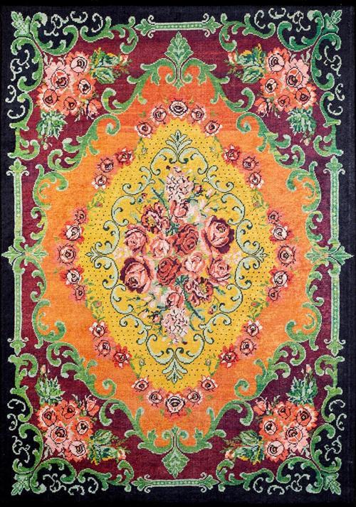 Kaspiysk Siyah Çiçekli Etnik Modern Desenli Pamuk Makinada Yıkanabilir Hav Toz Vermez Leke Tutmayan Kaymaz Taban Dijital Makine Baskı Salon Yolluk Mutfak Halı
