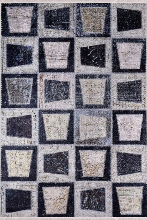 Şanghay Antrasit Patchwork Etnik Modern Desenli Makinada Yıkanabilir Hav Toz Vermez Leke Tutmayan Kaymaz Taban Dijital Makine Baskı Salon Yolluk Mutfak Halı
