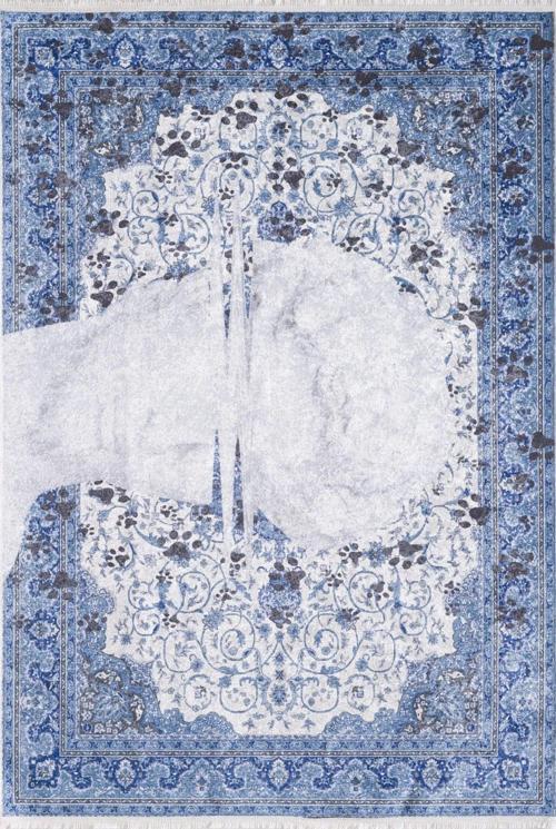 Karlino Mavi Göbekli Etnik Modern Desenli Pamuk Makinada Yıkanabilir Hav Toz Vermez Leke Tutmayan Kaymaz Taban Dijital Makine Baskı Salon Yolluk Mutfak Halı