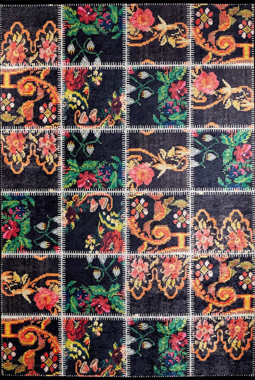GrandHaven Siyah Patchwork Etnik Modern Desenli Makinada Yıkanabilir Hav Toz Vermez Leke Tutmayan Kaymaz Taban Dijital Makine Baskı Salon Yolluk Mutfak Halı