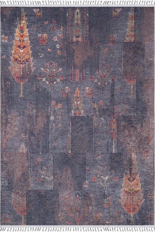 Miastko Lacivert Göbekli Etnik Modern Desenli Makinada Yıkanabilir Hav Toz Vermez Leke Tutmayan Kaymaz Taban Dijital Makine Baskı Salon Yolluk Mutfak Halı