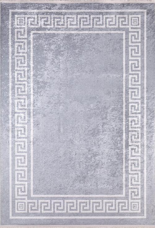 Dimitrovgrad Gri Çerçeveli Etnik Modern Desenli Makinada Yıkanabilir Hav Toz Vermez Leke Tutmayan Kaymaz Taban Dijital Makine Baskı Salon Yolluk Mutfak Halı