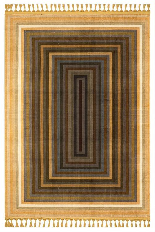 Pratyaksh Kahverengi Çerçeveli Etnik Modern Desenli Bambu Makinada Yıkanabilir Hav Toz Vermez Leke Tutmayan Kaymaz Taban Dijital Makine Baskı Salon Yolluk Mutfak Halı