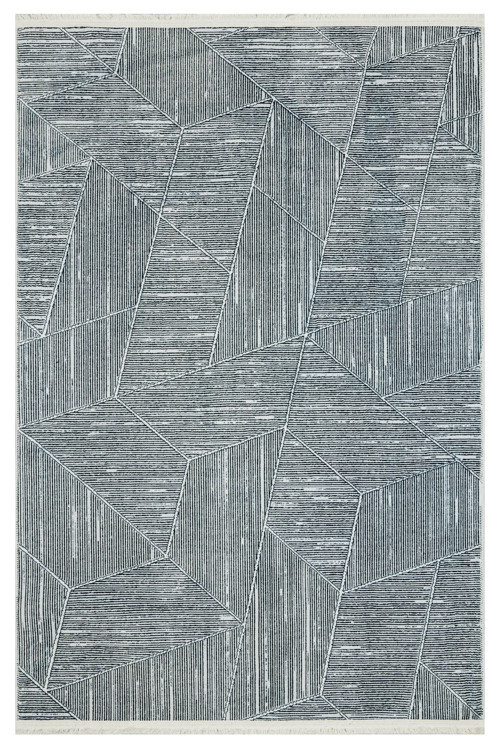 Gri Zemin Üzerine Geometrik Desenli Modern Kadife Dokulu Salon ve Oturma Odası Halısı
