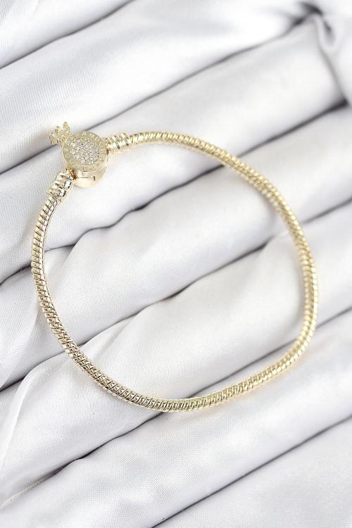 Pirinç Charm Zirkon Taşlı Taç Model Gold Renk Kadın Bileklik 7808