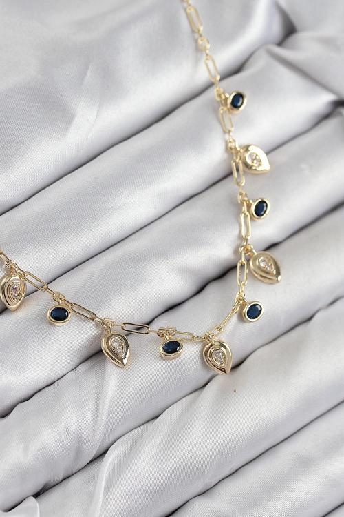 Pirinç Zirkon Taşlı Sallantılı Damla Model Gold Renk Kadın Kolye 10494