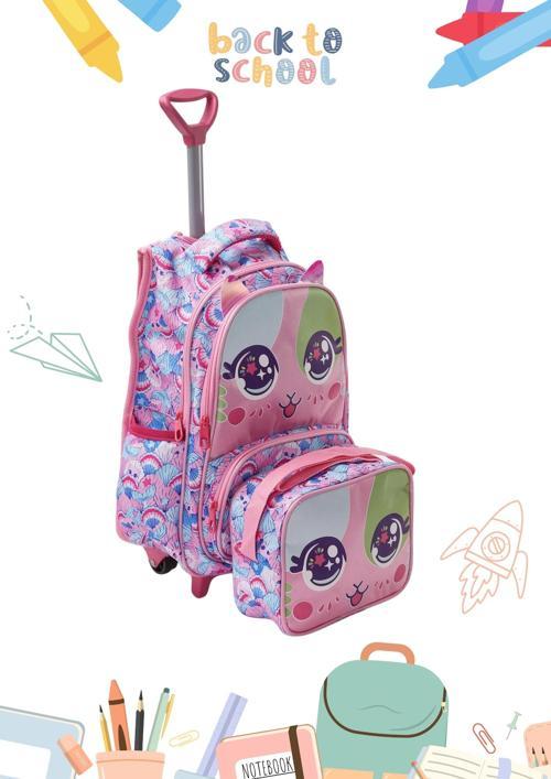 2'li Kız Çocuk Okul Çantası Tekerlekli Beslenme Çantalı Desenli Okul Sırt Çantası