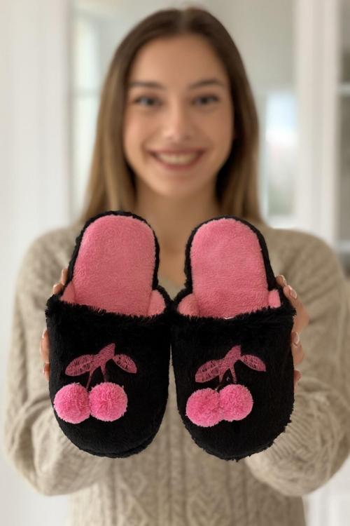 SWEET CHERY Kirazlı Kapalı Kadın Ev Terliği Kışlık Terlik