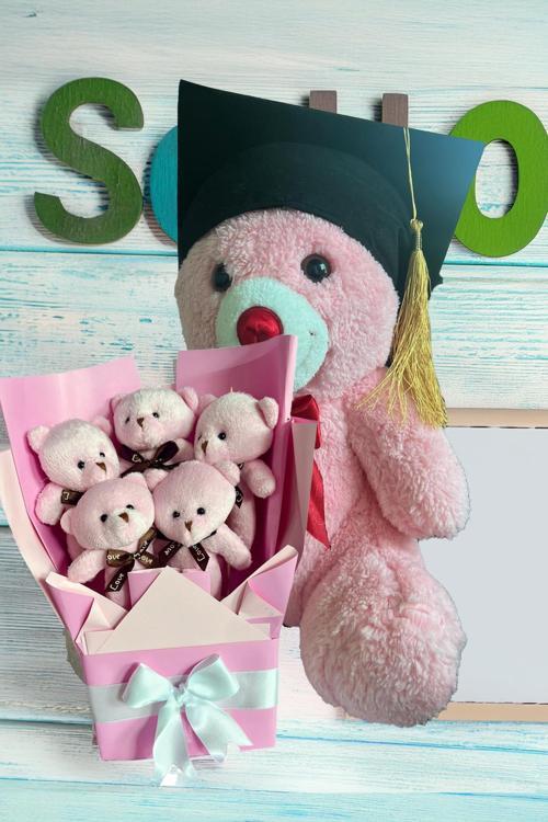 Mezuniyet Hediyesi:  Mezun Peluş Ayıcık & Pembe Ayıcık Buketi