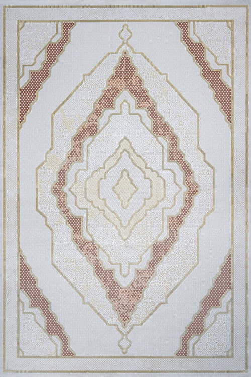 Merkezi Madalyon Desenli Krem Geometrik Yıkanabilir Kaymaz Zeminli Modern Salon Koridor Halısı