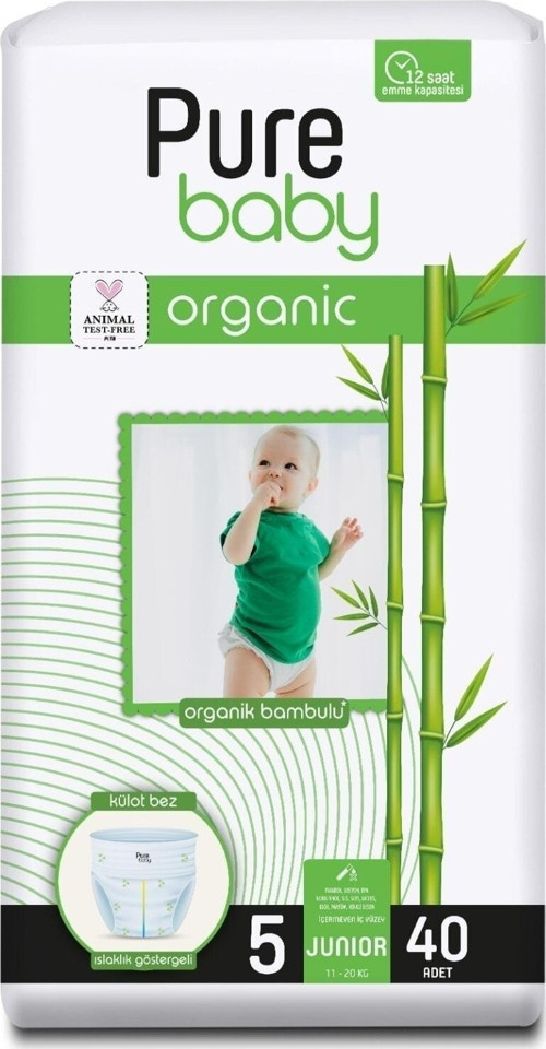 Organik Bambu Özlü Külot Bez Tekli Paket 5 Numara Junior 40 Adet