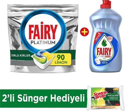 Platinum 90 Yıkama Tablet/Kapsül Limon Kokulu +Platinum 500 ml Hijyen+Sünger
