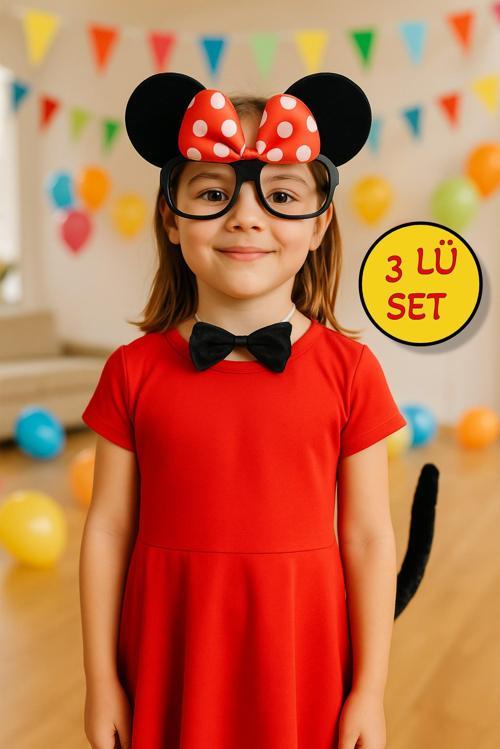 Minnie Mouse 3’lü Parti Kostüm Seti – Gözlük, Papyon ve Kuyruk Aksesuarları